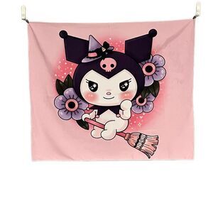 Sanrio Kuromi Witch on A Broom Pink Purple Black Wall Hanging Tapestry